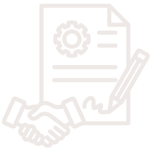 Icon of a document with a gear, a pen, and a handshake.