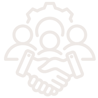 Icon of three people with two shaking hands in front, symbolizing teamwork or partnership, with a gear in the background representing collaboration or teamwork.