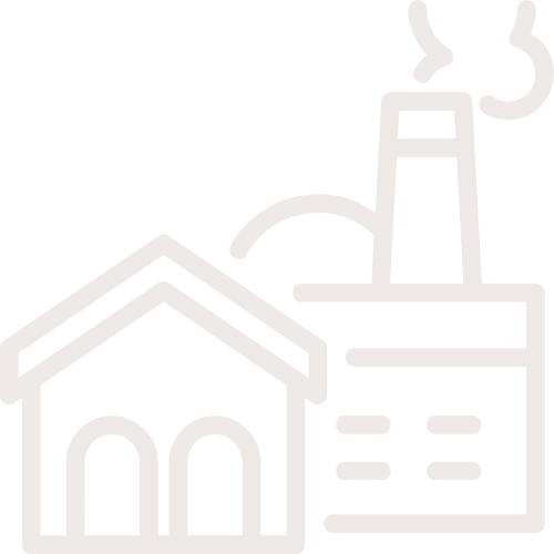 Icon of a factory and a house, with smoke coming from the factory chimney.