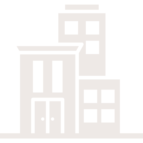 Stylized gray outline of a multi-story building with large doors and windows on a black background.