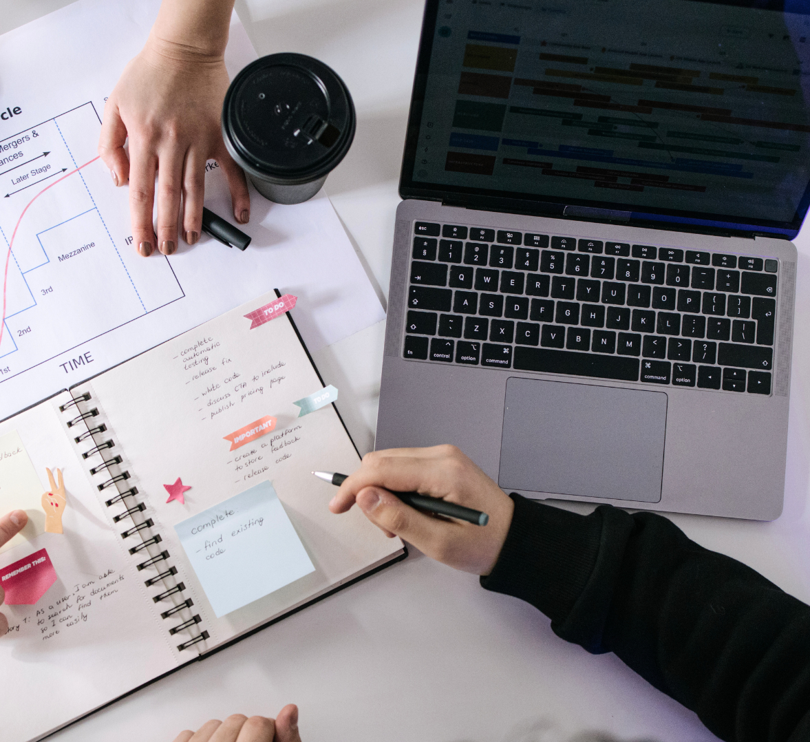 A person working at a desk with a laptop, a planner with notes and sticky notes, a cup of coffee, and some printed documents.