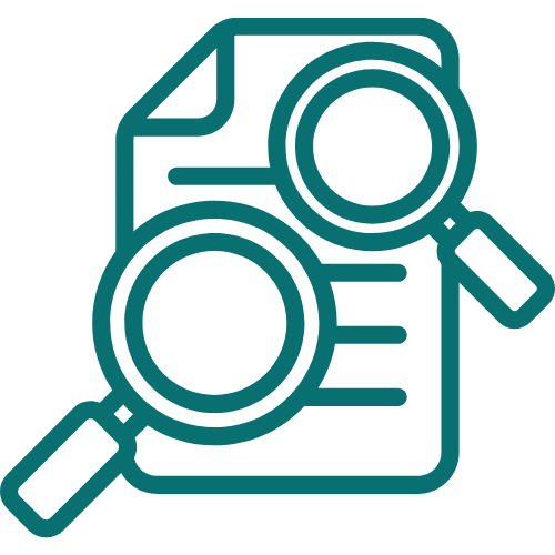 Icon of a document with two magnifying glasses over it, indicating search or investigation.