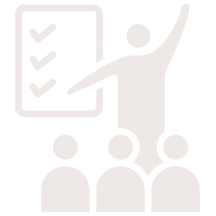 Silhouette of a person pointing to a checklist with three checked items, standing in front of three seated people.