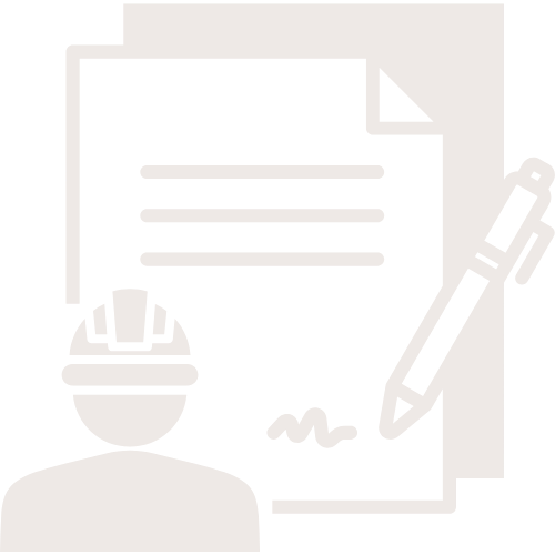 Icon of a person with a safety helmet, standing in front of a document with a pen, indicating the concept of writing or signing documents.