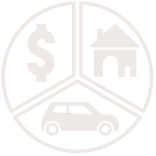 A pie chart divided into three sections showing dollar sign, house, and car icons.