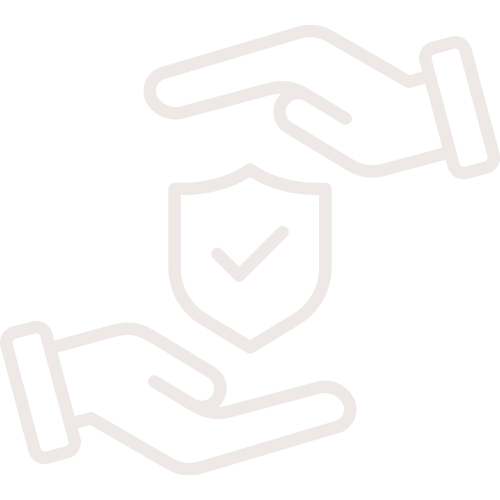 Outline of two hands holding a shield with a checkmark, symbolizing protection or security.