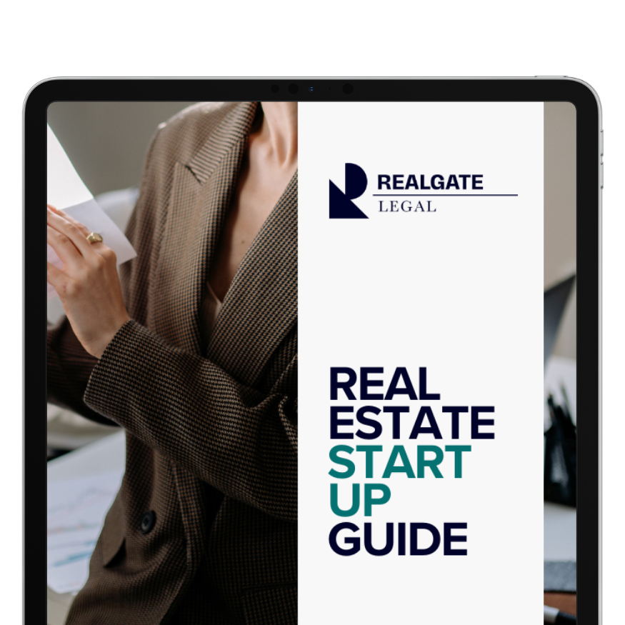 Cover of a real estate startup guide by Realgate Legal, featuring a woman in a brown blazer holding papers, with the guide's title and logo visible.