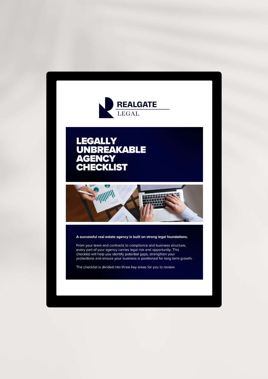 E-book or digital brochure titled 'Legally Unbreakable Agency Checklist' by Realgate Legal, featuring a photo of a person using a laptop and analyzing documents, with a brief description on legal foundations for a real estate agency.