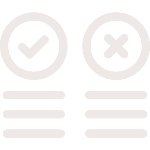 Checklist with a green checkmark in a circle on the left and a red X in a circle on the right, with lines of text below each icon.