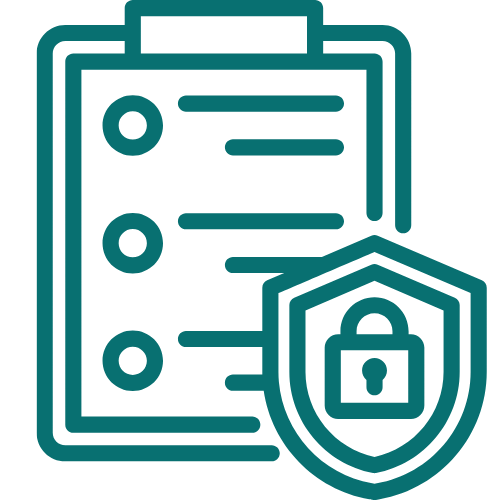 Outline of a clipboard with checklists and a shield with a lock symbol, representing secure or protected information.
