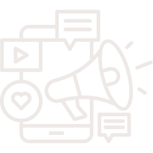 Icon of a megaphone surrounded by speech bubbles, a heart, a play button, symbolizing social media or digital marketing communication.