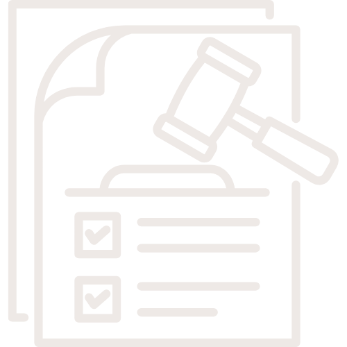 Outline icon of a gavel hitting a block, a clipboard with checkboxes, and a folder, symbolizing legal or judicial review.