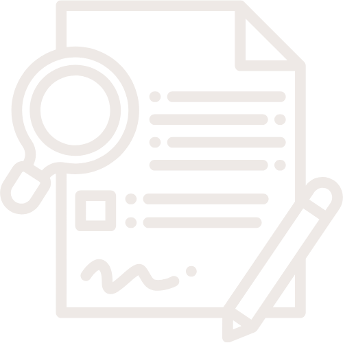 An icon of a magnifying glass, paper with lines, a checkbox, a signature line, and a pencil, representing document review or editing.