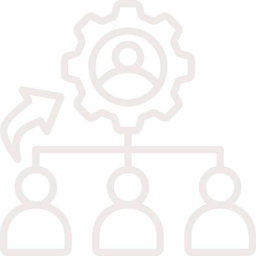 Diagram of team management process with a gear icon representing leadership, and three connected person icons indicating teamwork or organizational structure.
