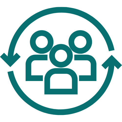 Icon illustrating teamwork or collaboration with three stylized people connected in a circle.