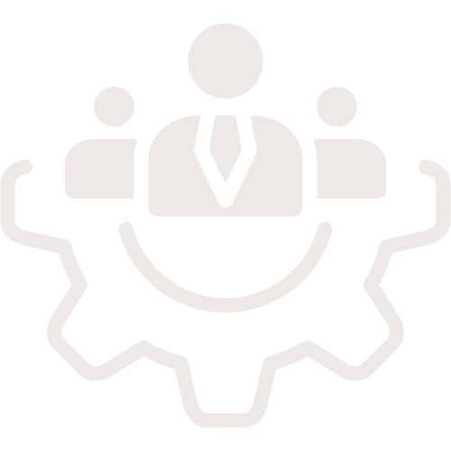Icon of three people in business attire inside a gear, representing teamwork or management.