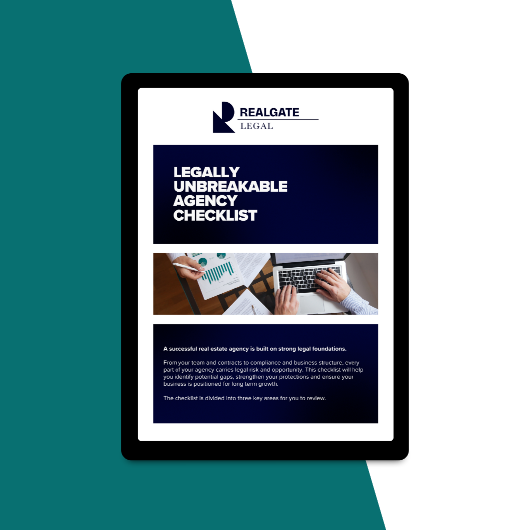 Cover page of a report titled 'Legally Unbreakable Agency Checklist' from Realgate Legal, featuring an image of a person working on a laptop and reviewing documents.