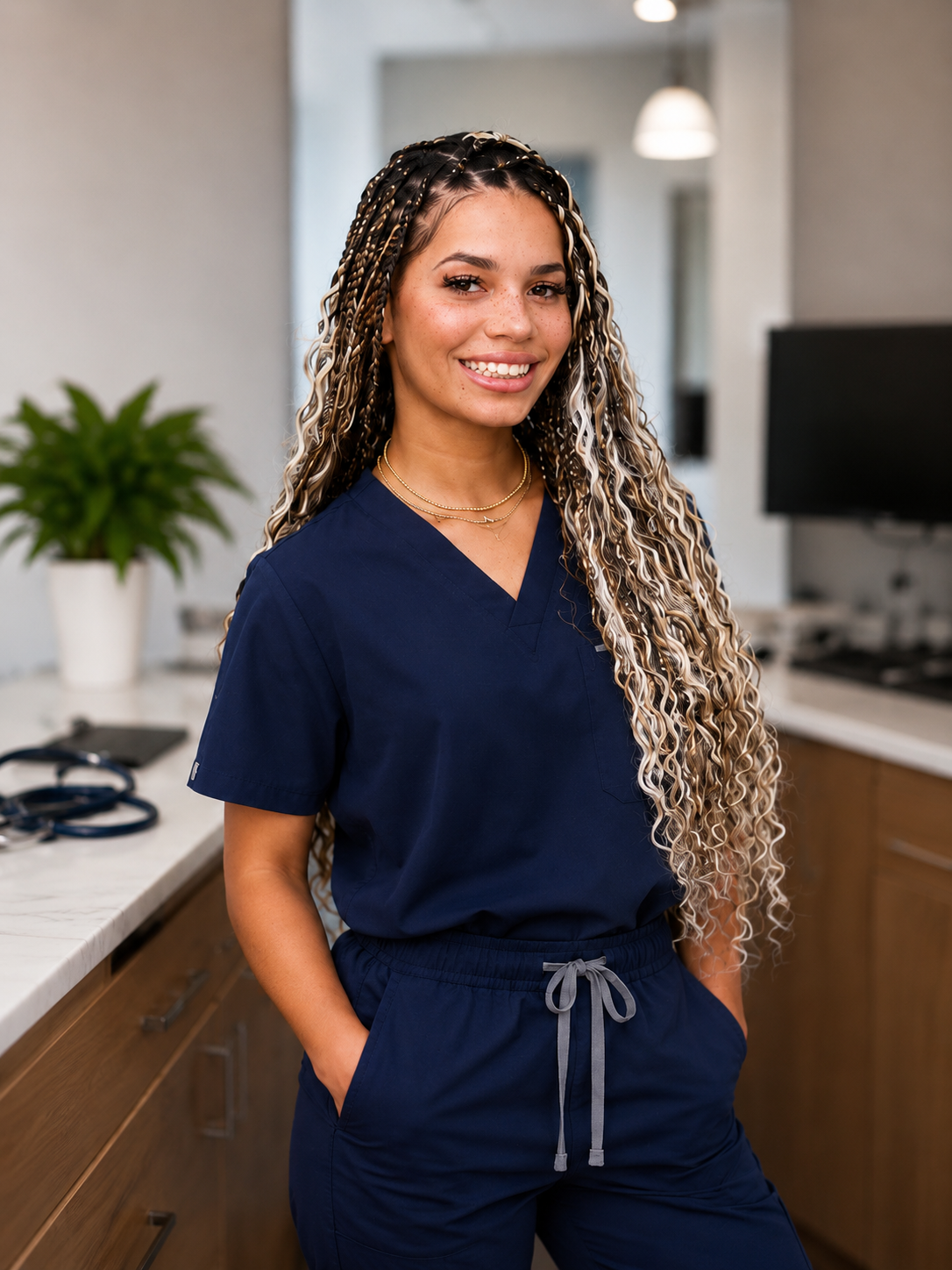 A smiling woman in navy medical scrubs standing in a modern medical or office setting with a plant and a computer in the background.