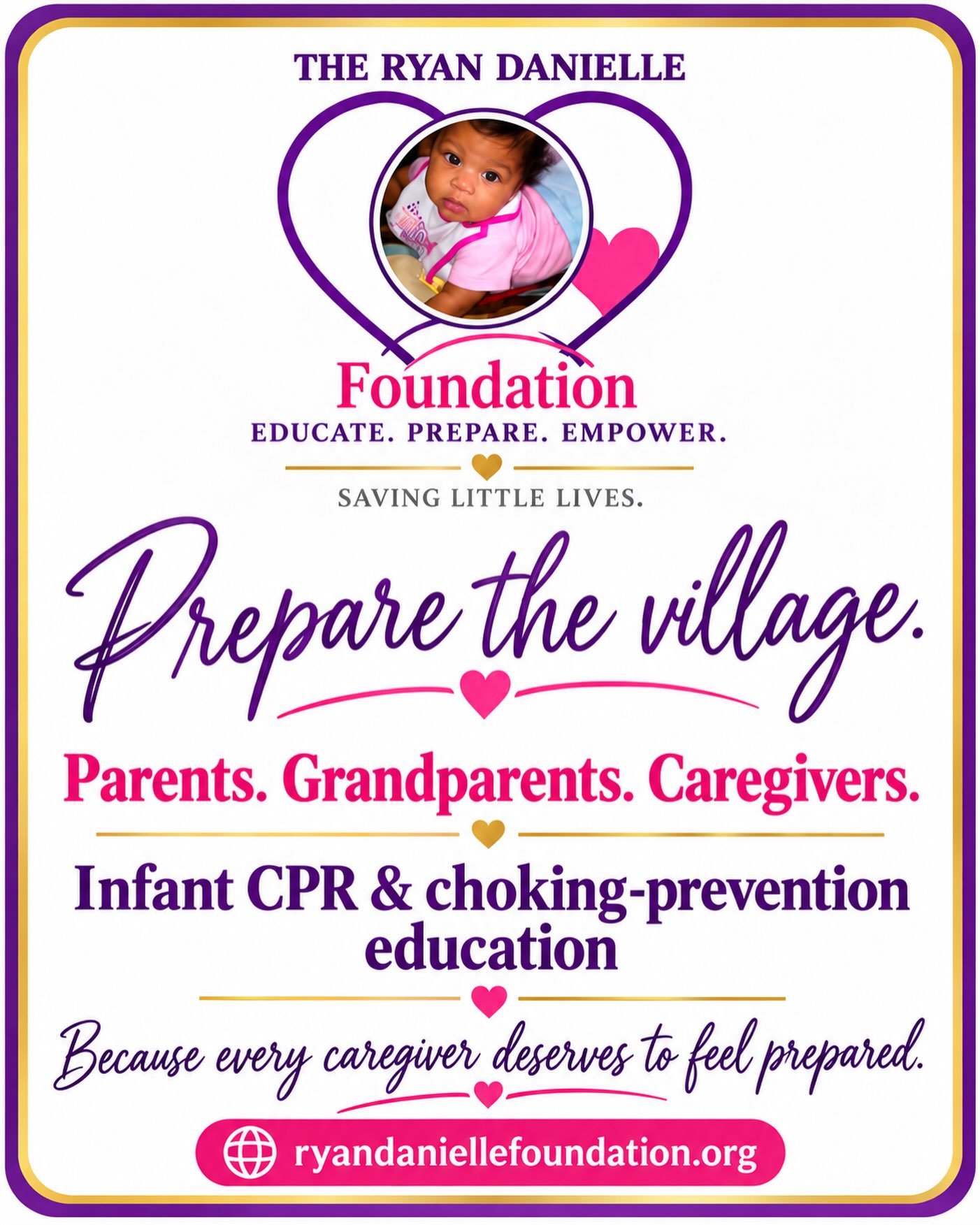 Babies have a whole village. Let&rsquo;s help that village feel prepared. 💜

Parents, grandparents, aunties, uncles, babysitters, and family friends&mdash;we all have a place in the conversation about infant safety.

The Ryan Danielle Foundation is 