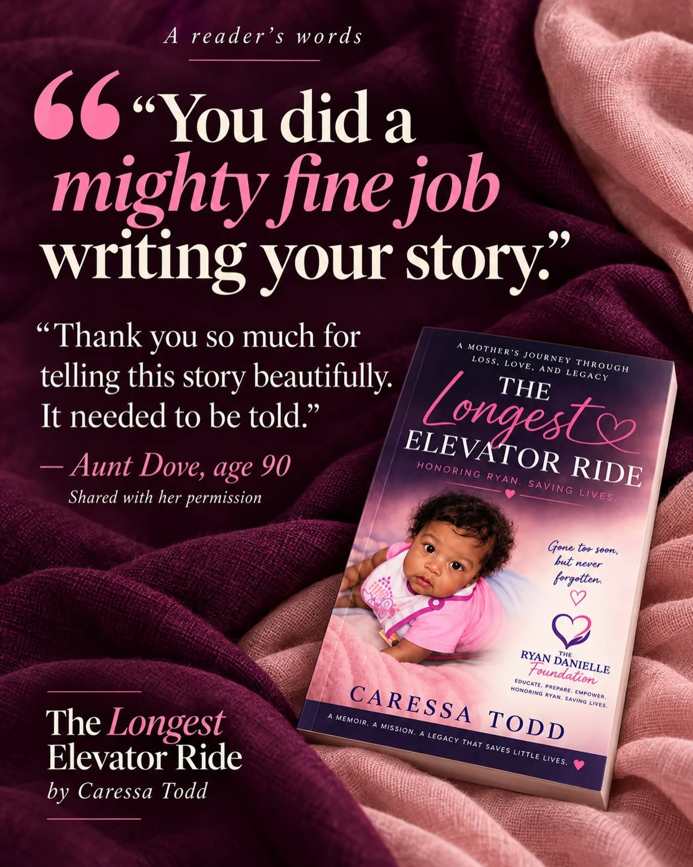 My 90-year-old Aunt Dove just gave me a review I will hold close to my heart. 💜

My cousin purchased The Longest Elevator Ride for her, and she sat down and read it all the way to the end. She told me she couldn&rsquo;t put it down&mdash;page after 