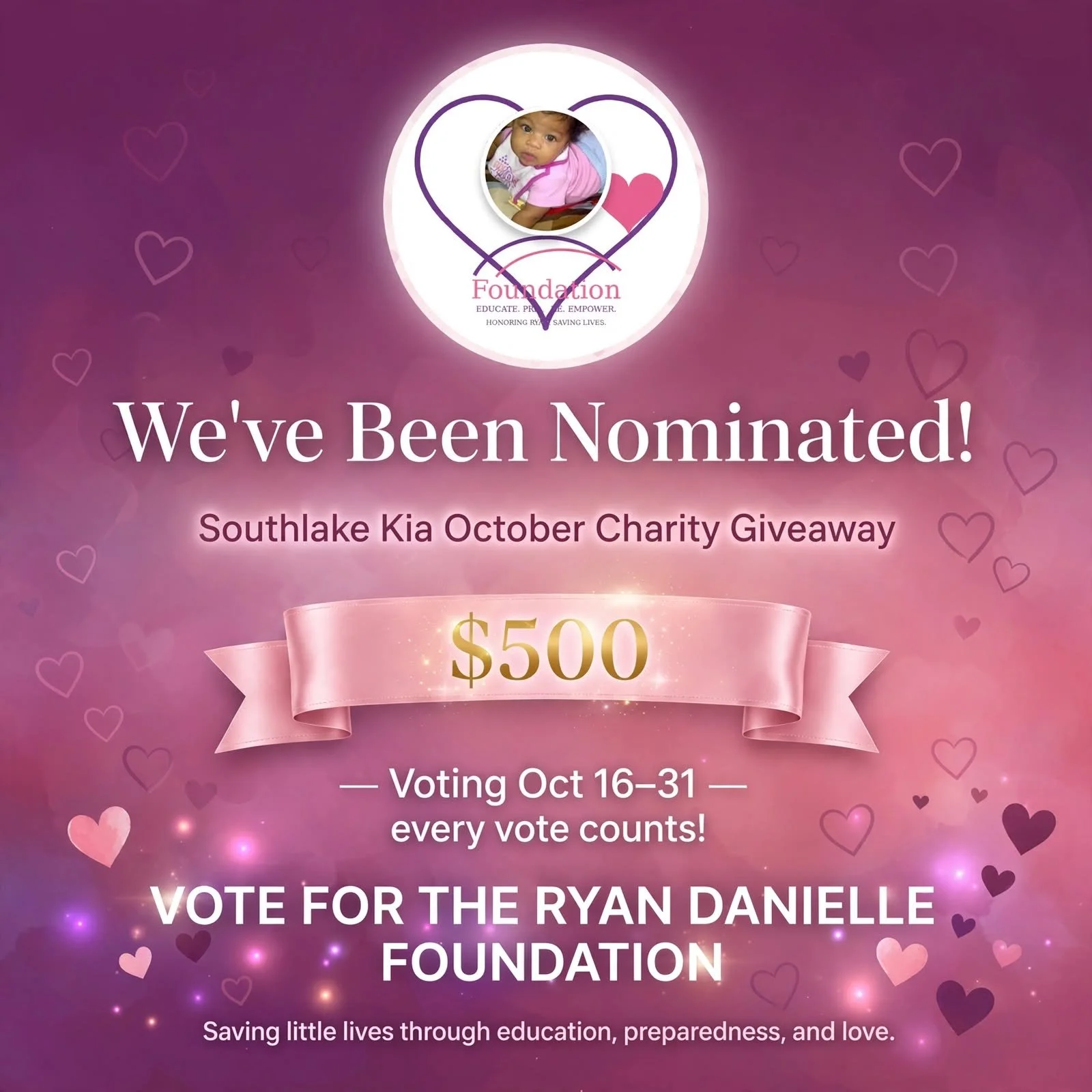 💜 Big news! The Ryan Danielle Foundation has been nominated for @kiasouthlake October Charity Giveaway &mdash; $500 for the winning local nonprofit!

Here's how you can help us win:
🗳️ Voting runs October 16&ndash;31 on Southlake Kia's Facebook pag