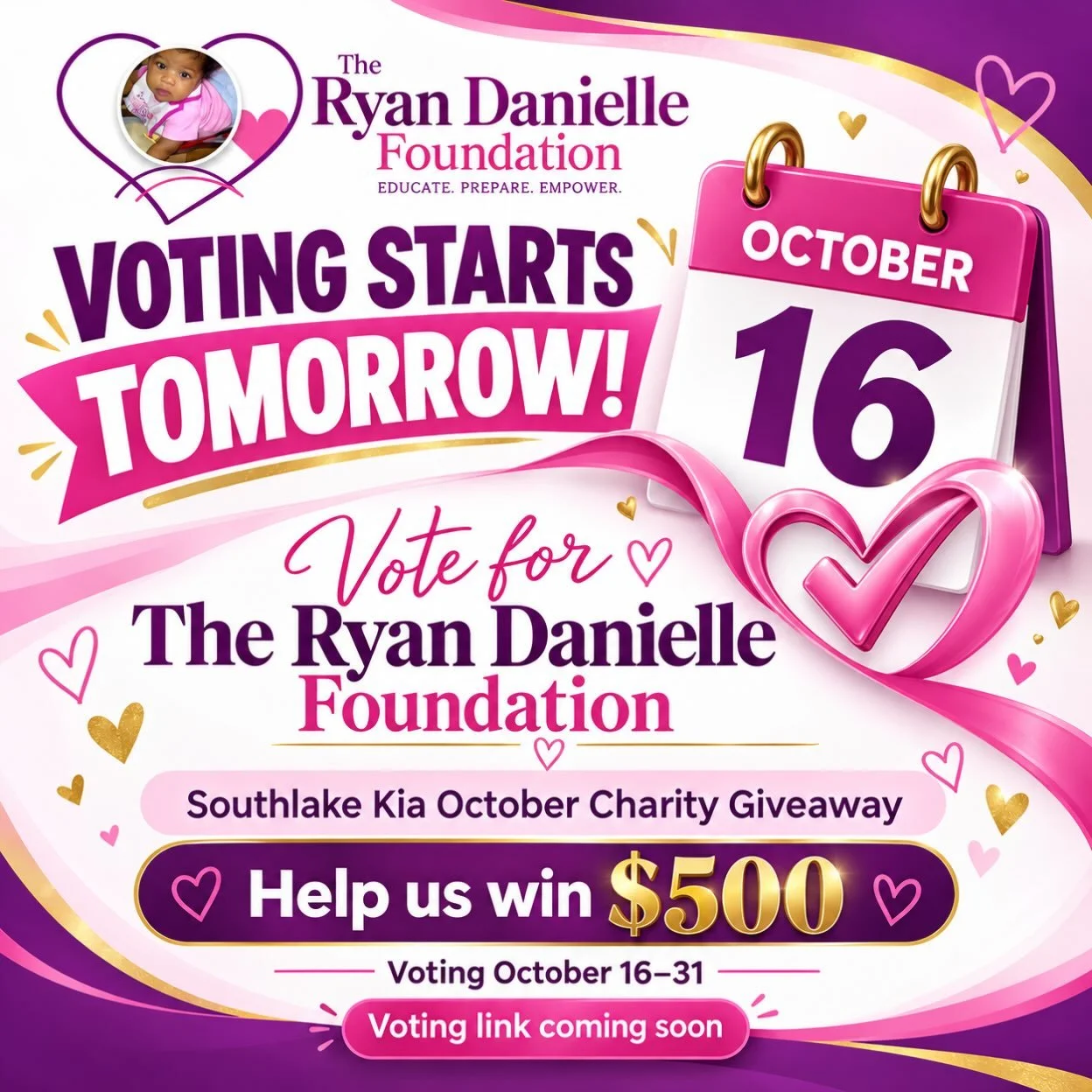 Tomorrow, your vote can help Ryan&rsquo;s legacy reach more families! 💜🩷

The Ryan Danielle Foundation has been nominated for Southlake Kia&rsquo;s October Charity Giveaway&mdash;and we have a chance to win $500 to support our mission of infant CPR