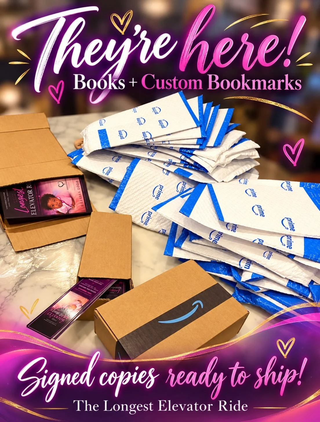 THE BOOKS AND CUSTOM BOOKMARKS ARE HERE!!!! 📚🎉💜

Today just keeps getting better, and I am soaking up every bit of it!!!!

Seeing copies of The Longest Elevator Ride sitting here, with bookmarks made especially for my book, has me smiling from ear