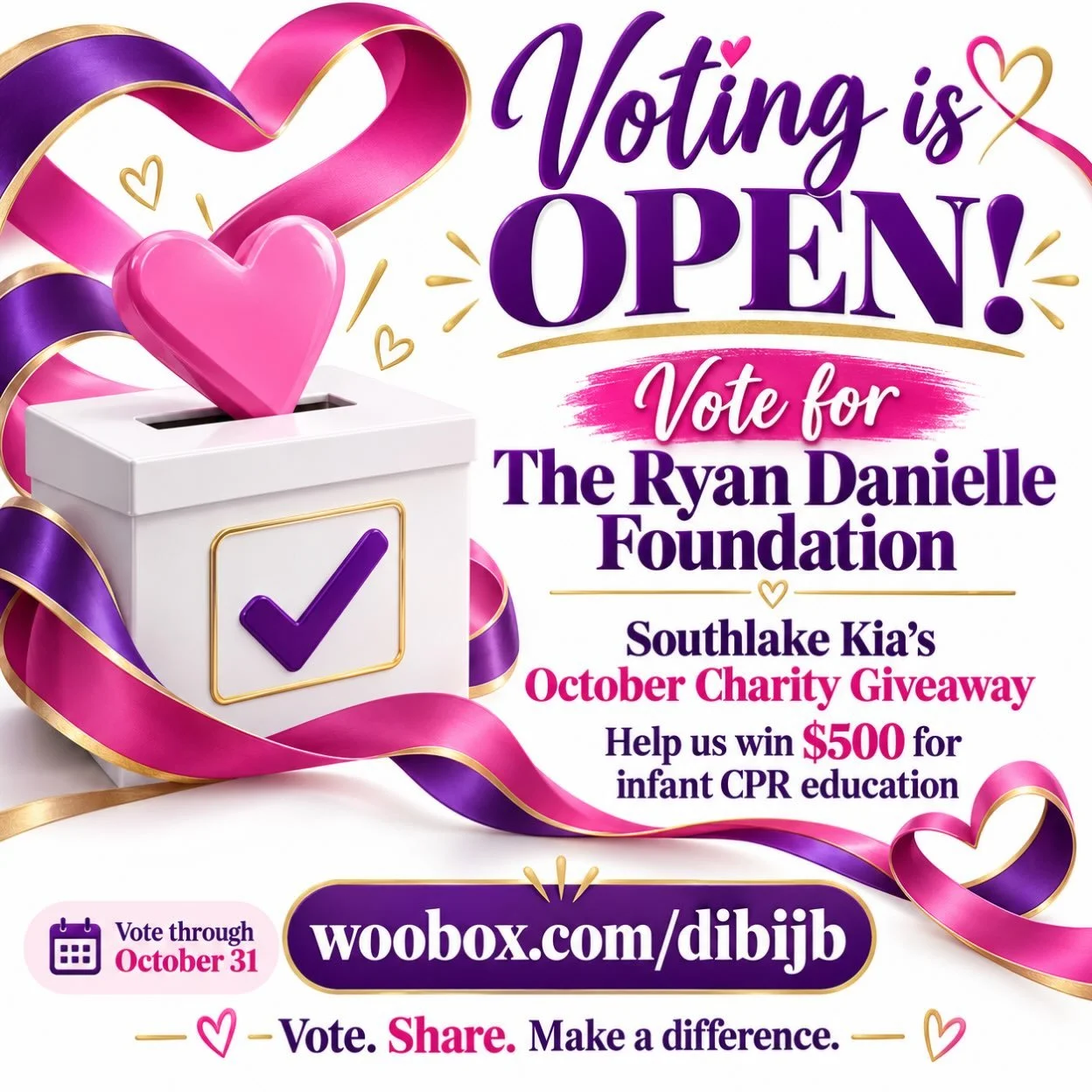 🗳️ Voting is officially OPEN! 💜🩷

The Ryan Danielle Foundation is nominated for Southlake Kia&rsquo;s October Charity Giveaway, and your vote could help us win $500 to support infant CPR and choking-prevention education!

Every family deserves the