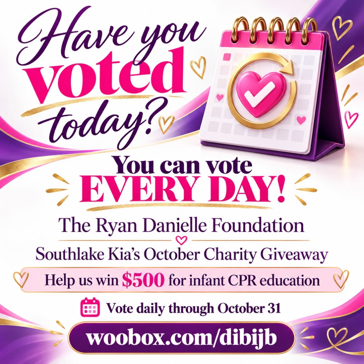 🗳️ Have you voted today? 💜

If you voted yesterday, you can vote again TODAY&mdash;and every single day through October 31!

Help The Ryan Danielle Foundation win $500 through @kiasouthlake &rsquo;s October Charity Giveaway to support infant CPR an