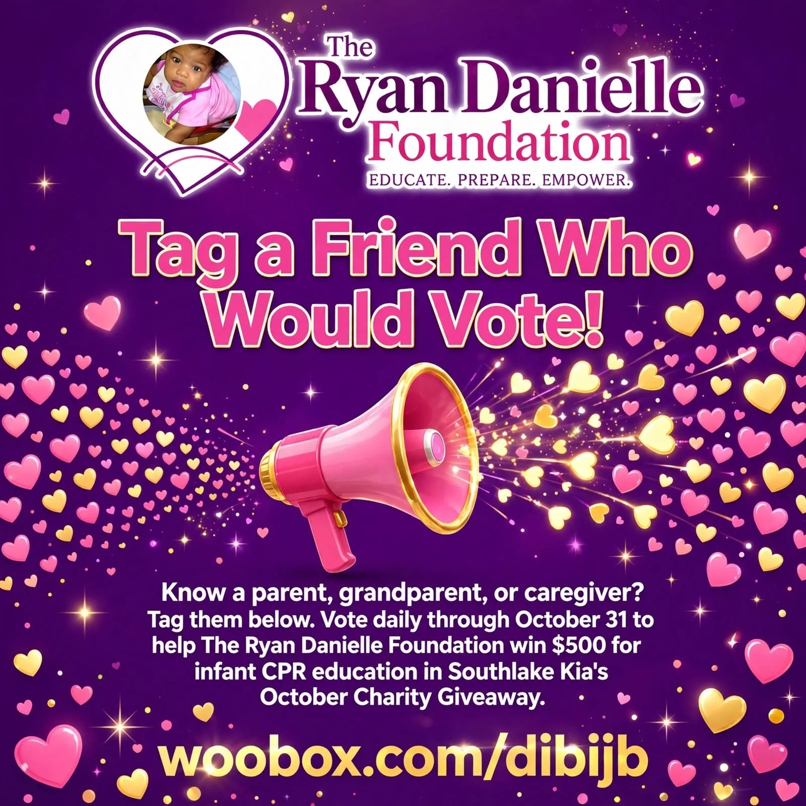 Tag a friend who would vote! 📣 Know a parent, grandparent, or caregiver? Tag them below and ask them to vote daily for The Ryan Danielle Foundation &mdash; $500 for infant CPR education is on the line.

https://woobox.com/dibijb

#TagAFriend #TheRya