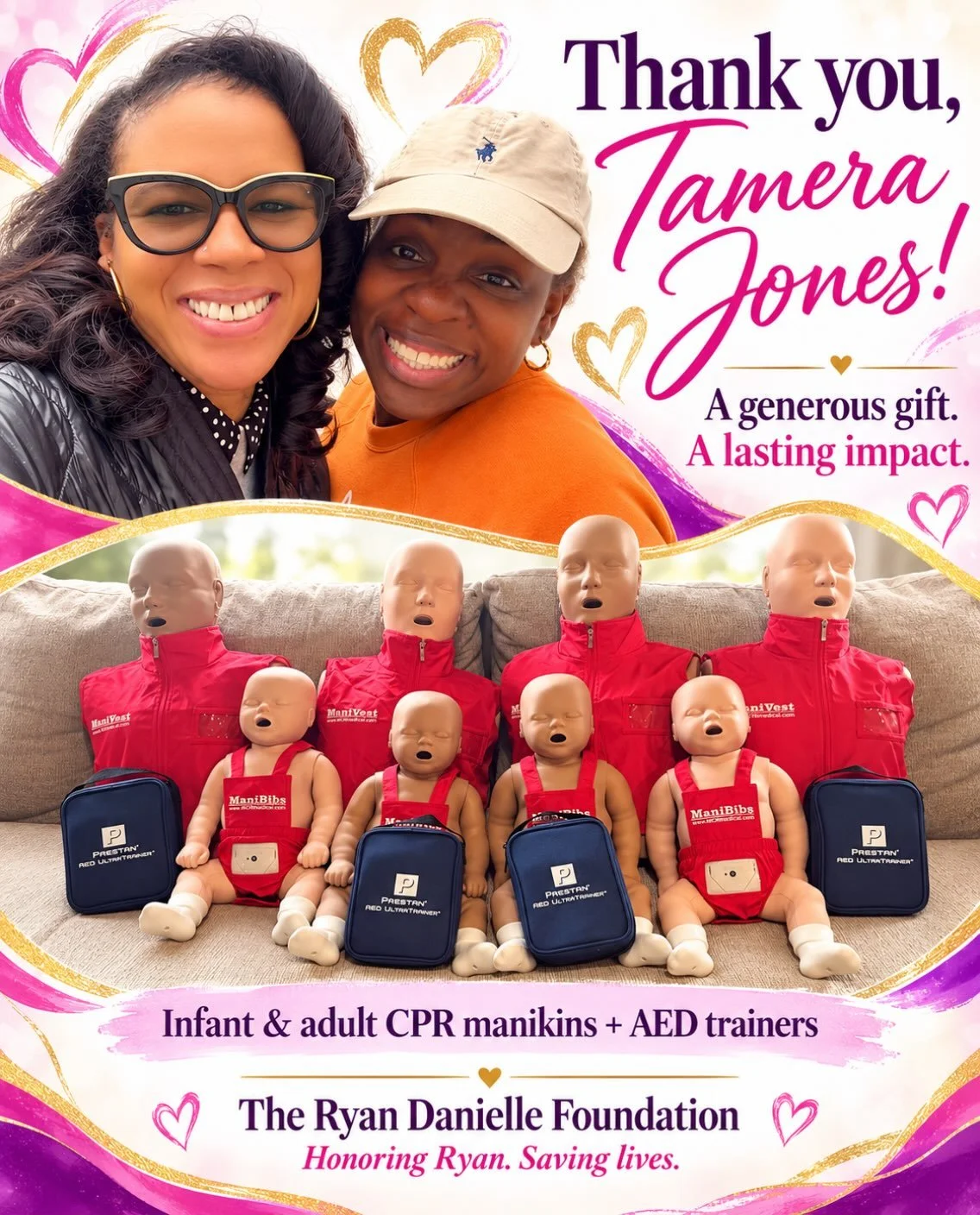 Yesterday, she came to my book signing. Today, she helped move our mission forward. 💜🩷

Please join me in thanking @tamj0408 for her generous donation of infant and adult CPR manikins, AED trainers, and carrying bags to The Ryan Danielle Foundation