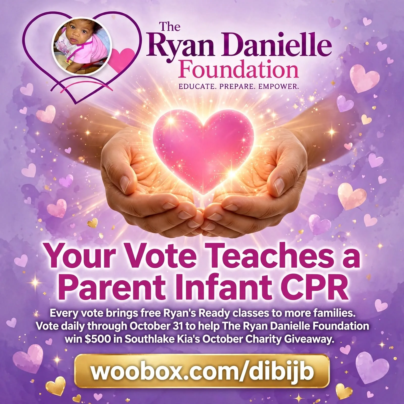 Your vote teaches a parent infant CPR. 💗 That's the mission behind every click &mdash; free Ryan's Ready classes for families who need them. Vote daily through October 31 in Southlake Kia's October Charity Giveaway.

https://woobox.com/dibijb

#TheR