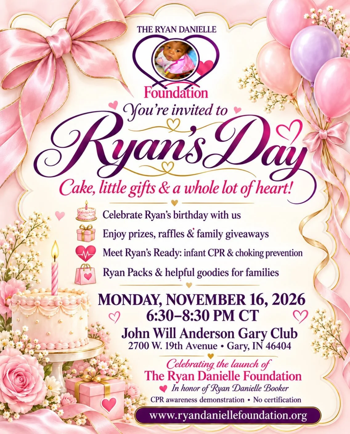 💜 IT&rsquo;S OFFICIAL&mdash;RYAN&rsquo;S DAY HAS A LOCATION! 💗

The Ryan Danielle Foundation&rsquo;s launch celebration is coming to Gary, and we can&rsquo;t wait to celebrate with you! 🦋

📅 Monday, November 16, 2026
🕡 6:30&ndash;8:30 p.m. Centr