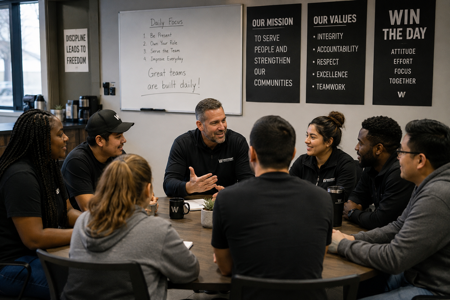 Team meeting discussing leadership development and building high level teams with Forward Performance Group