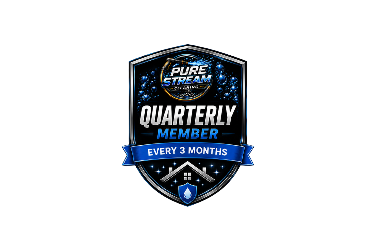 Badge with blue and black design indicating quarterly member status with a house, water droplet, and stars, stating "Pure Stream Cleaning LLC quarterly member every 3 months."
