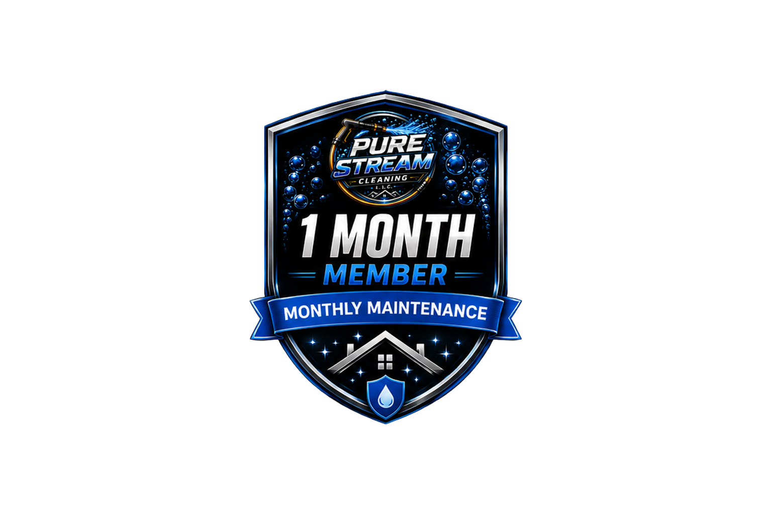 A badge for Pure Stream Cleaning offering a one-month membership for monthly maintenance services.
