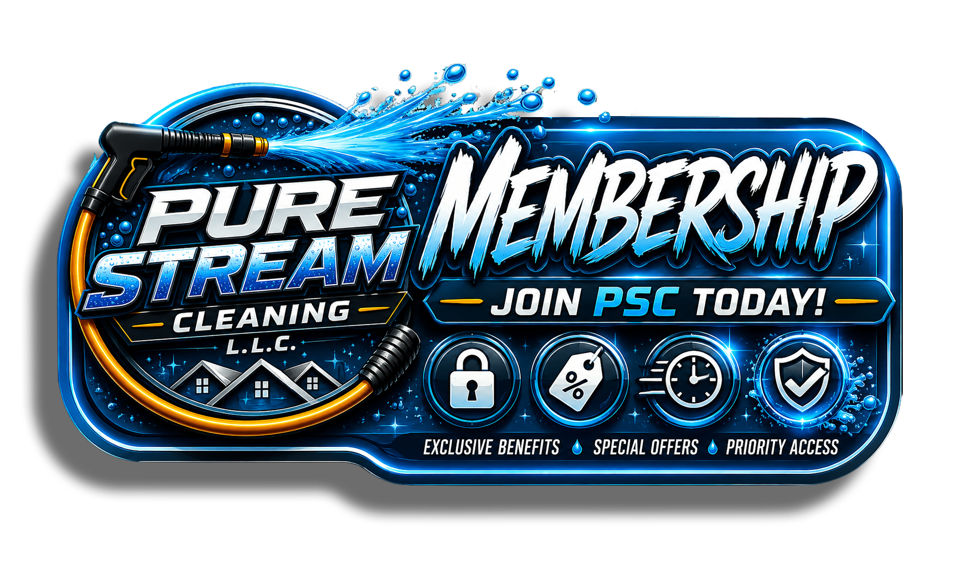 Digital advertisement for streaming service membership with water spray and hose graphic, text promoting joining PSC, unlocking benefits, special offers, and priority access, with icons of lock, percentage, clock, and shield.