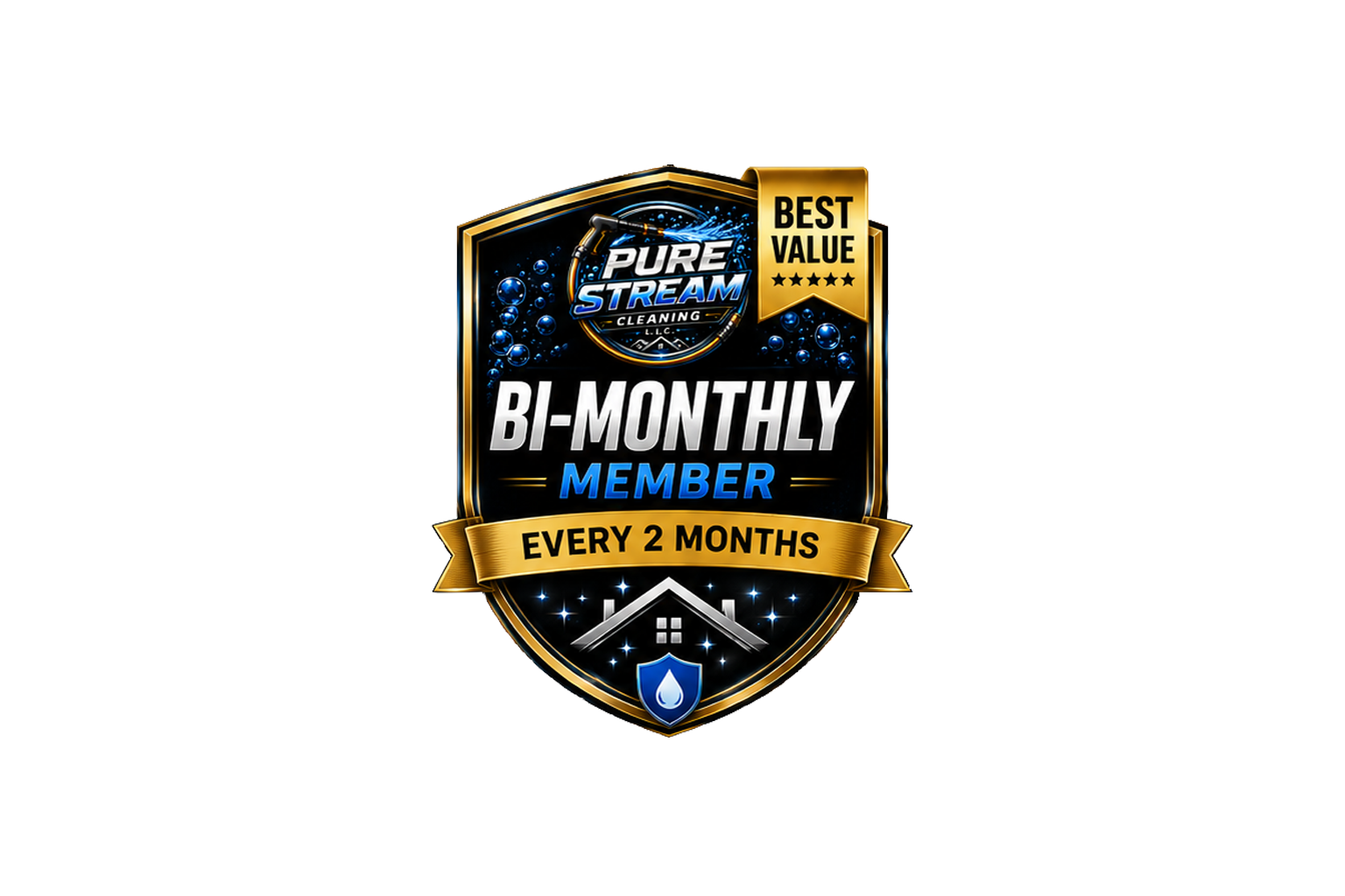 Badge for Pure Stream Cleaning indicating bi-monthly membership every 2 months, featuring a house with water drops and a shield with a water droplet.