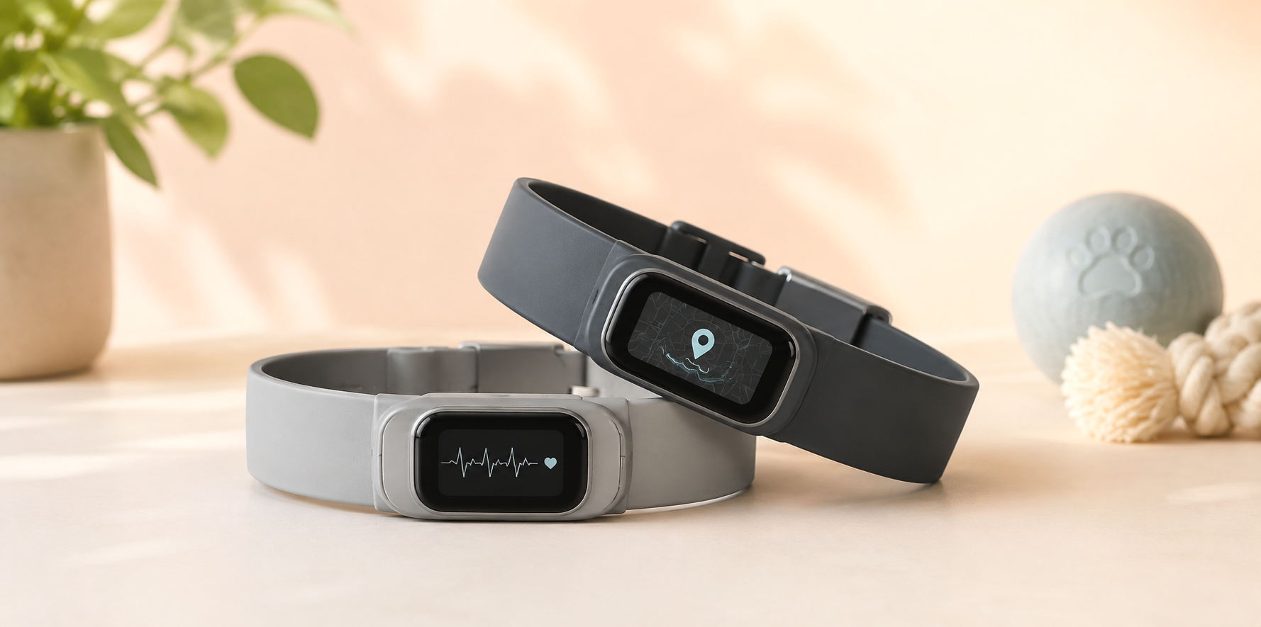 Two fitness tracker wristbands, one gray and one dark gray, with digital screens displaying health and location icons, placed on a light surface with blurred green leaves in a pot and marine-themed decor in the background.
