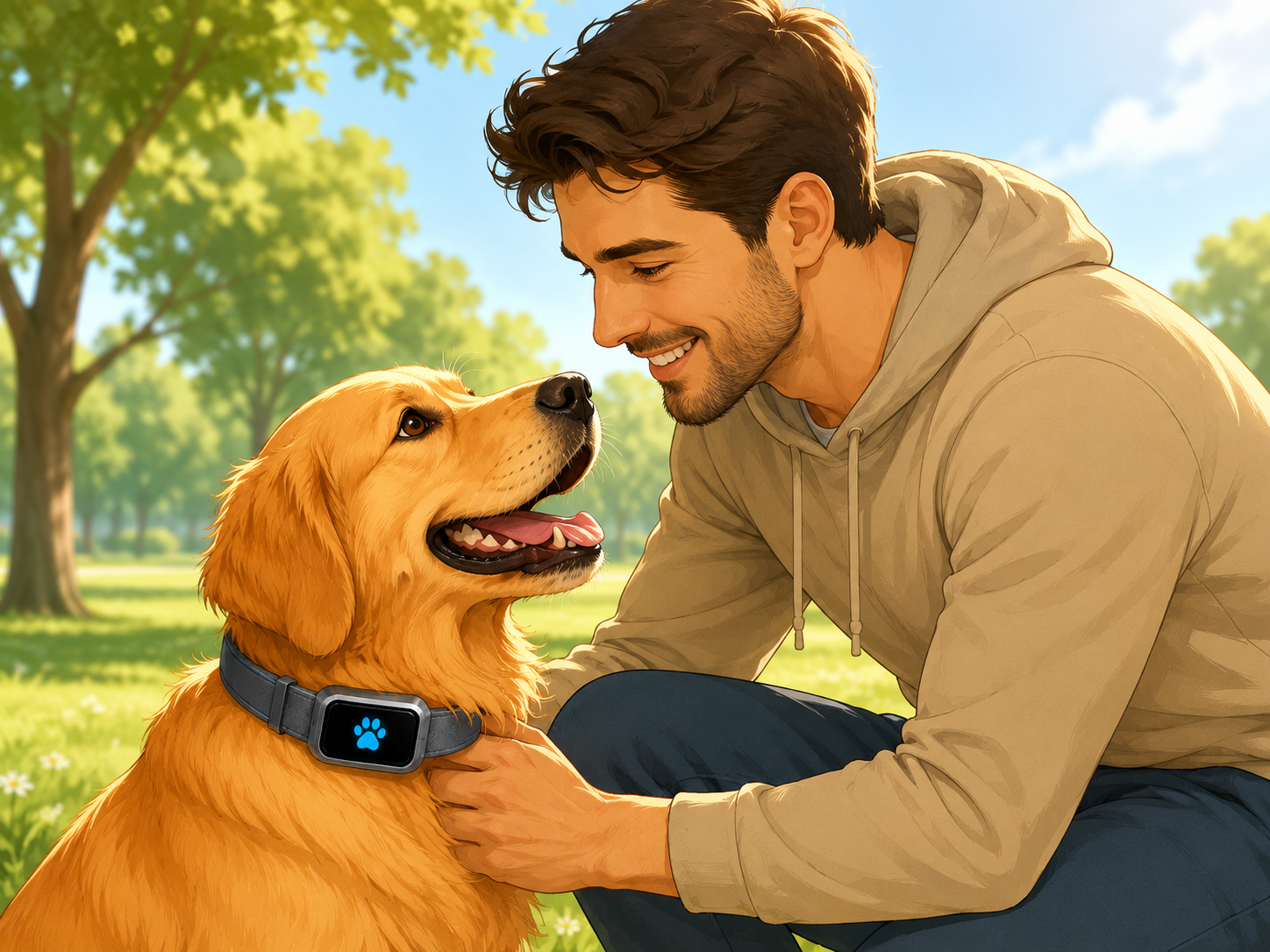 A young man with dark hair and a beige hoodie looks at a golden retriever with a digital dog collar in a park with green trees and a blue sky.