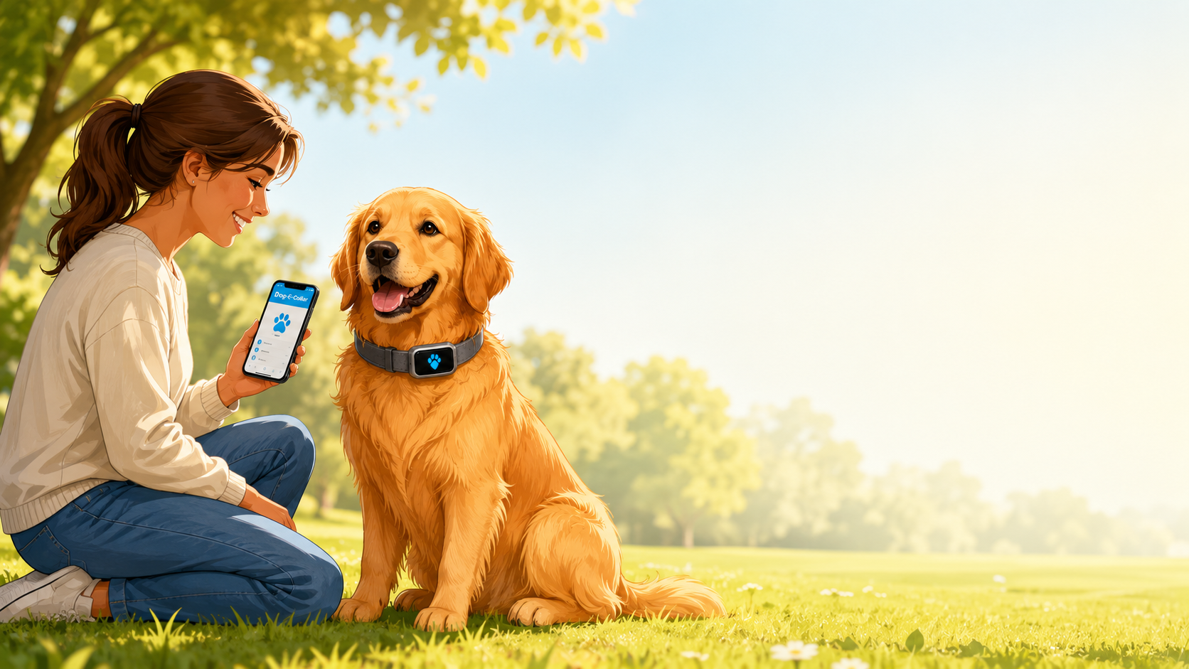 A woman kneeling on the grass in a park, looking at her smartphone with an app called Dope-Collar, while sitting next to a happy golden retriever dog wearing a collar with a digital display of a paw print. The background features trees and a bright, sunny sky.