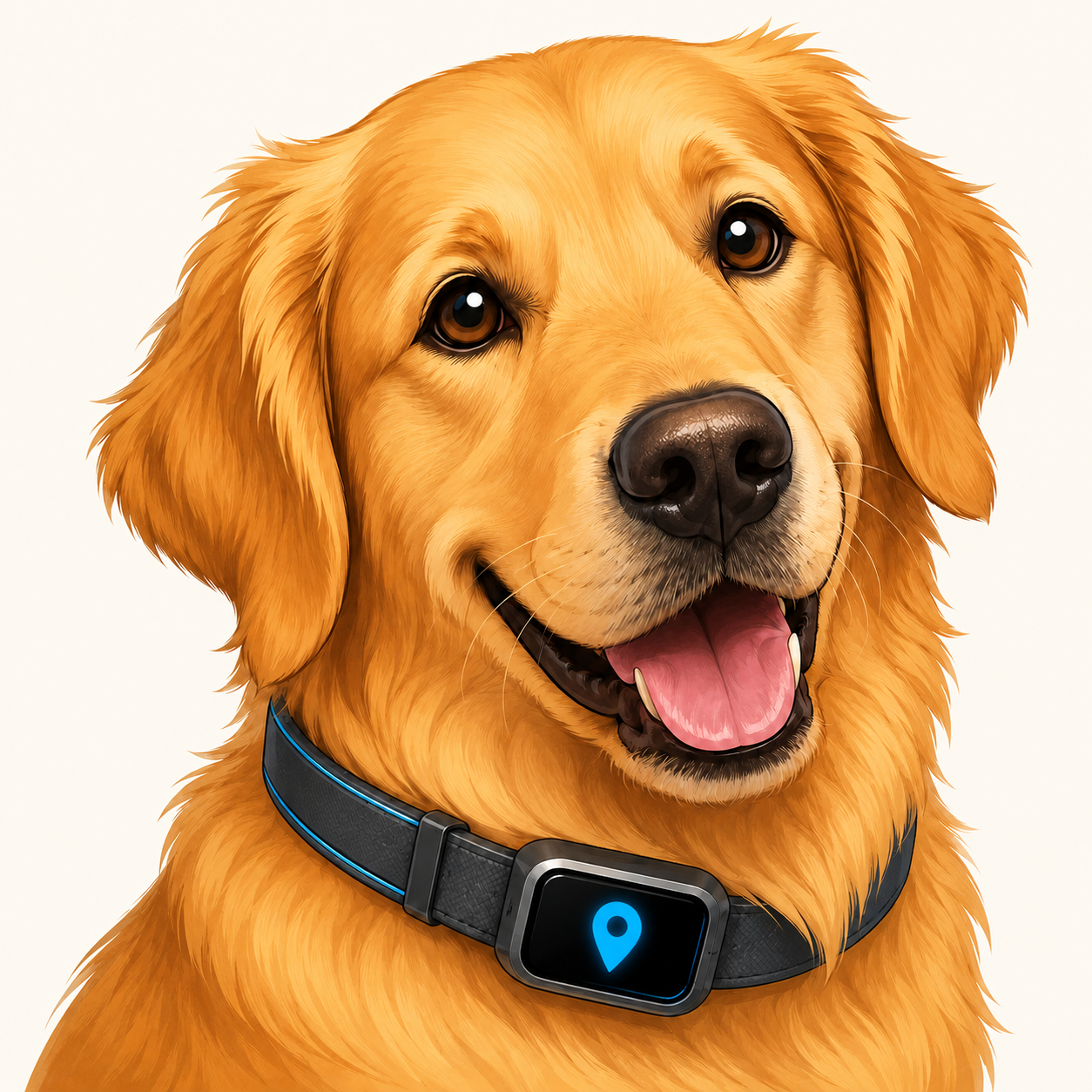 Illustration of a golden retriever dog with a happy expression, wearing a black collar with a digital GPS tag showing a blue location icon.