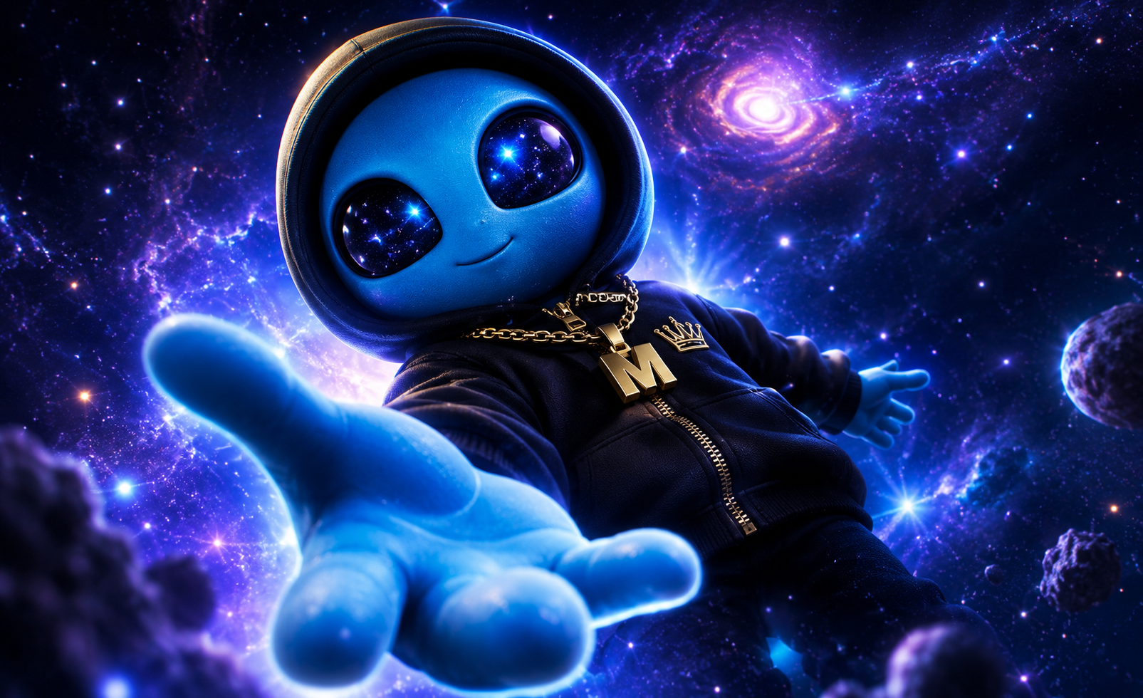 A blue alien character with large shiny eyes reaching forward in space, surrounded by stars, galaxies, and asteroids.