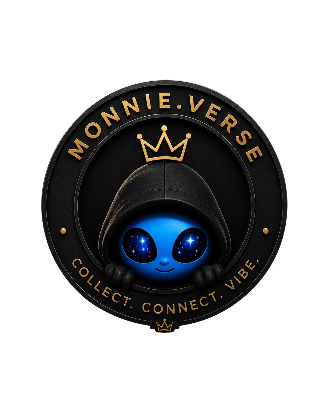 A circular logo with a black background, featuring a cartoon alien with glowing blue eyes and a hood, surrounded by gold text reading 'Monnie.Verse', 'Collect. Connect. Vibe.', and a small gold crown icon above.