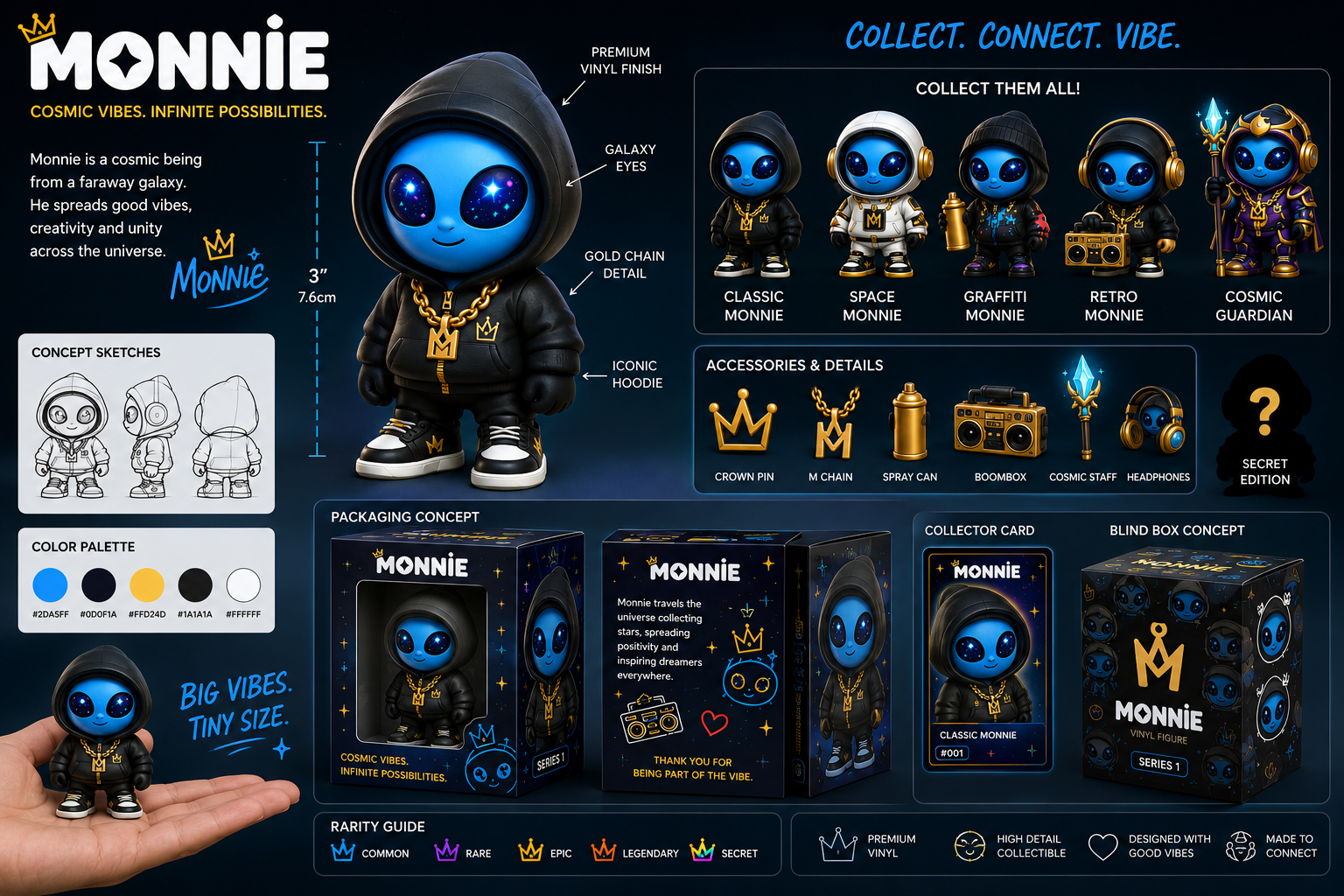 Collection of Monnie cosmic-themed vinyl figures with a large central figure in a black hoodie, gold chain, and sneakers, surrounded by packaging, accessories, collector cards, and concept sketches, all featuring a cartoonish starry-eyed character.