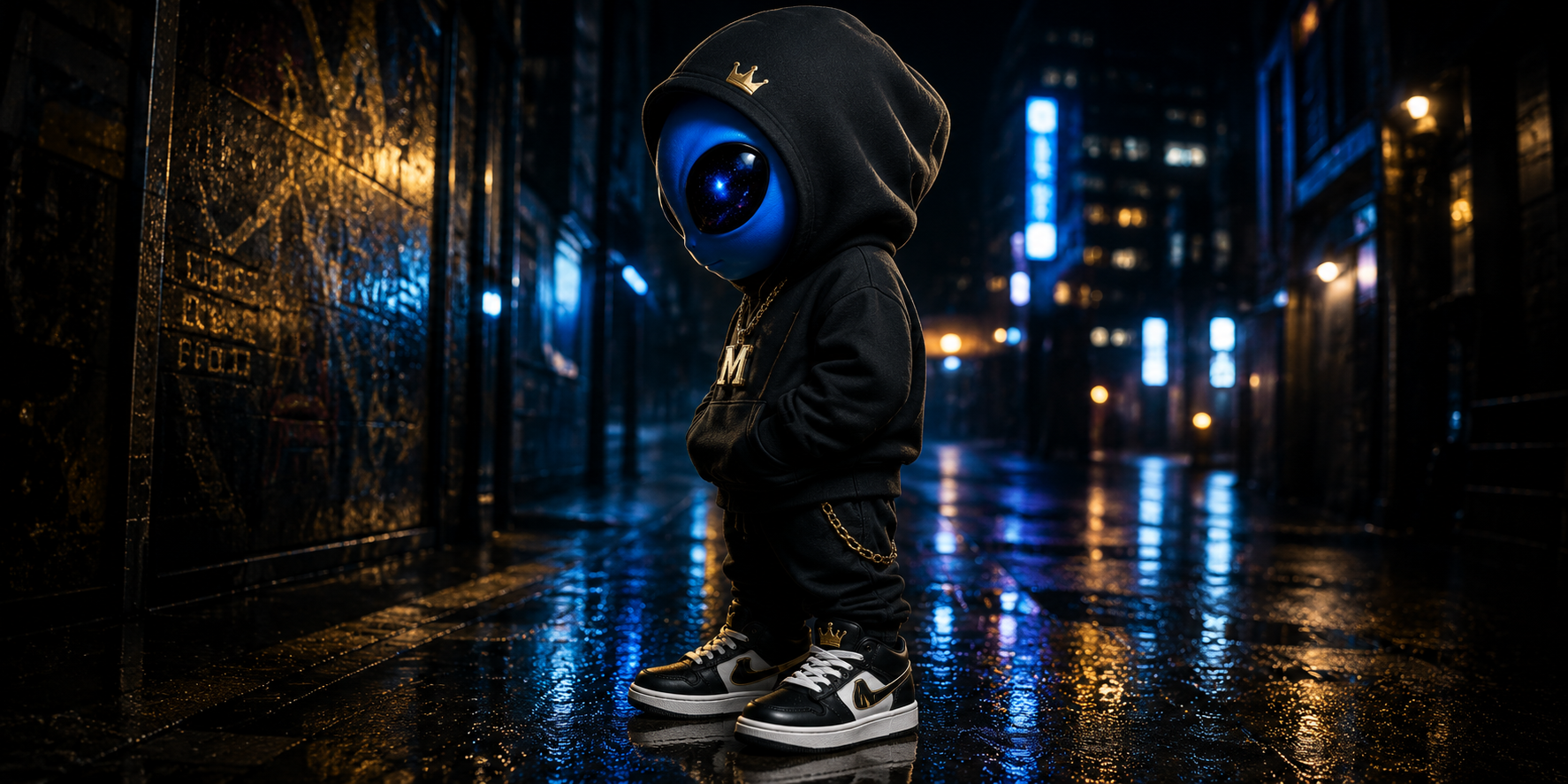 A child dressed as an alien in a city street at night, wearing a black hoodie with a crown emblem, chain, black and white sneakers, and a large blue alien head mask with glowing eyes.