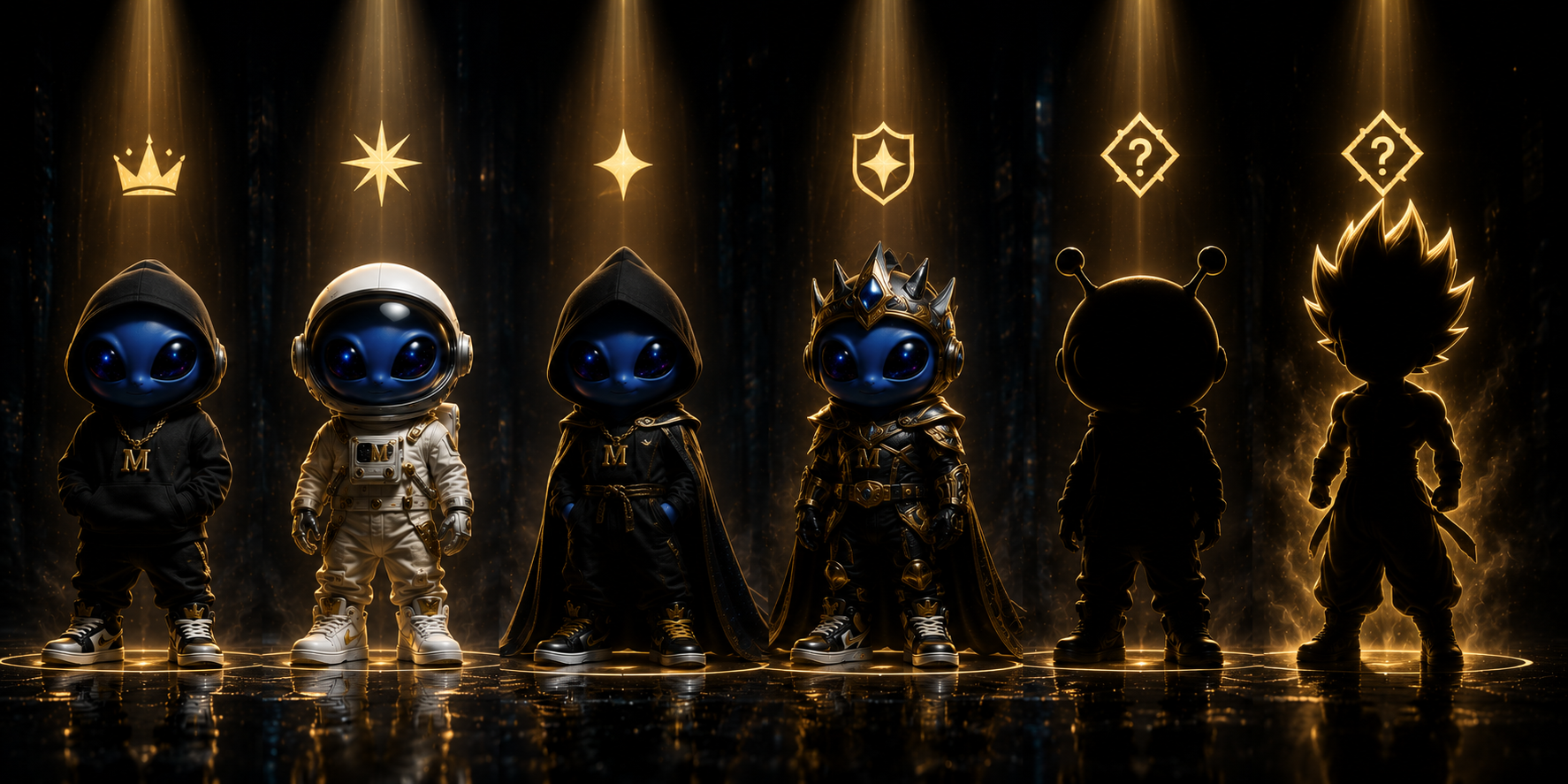 Six stylized cartoon characters resembling children with large blue eyes, dressed in various black and gold outfits, standing in a dark, glowing environment with symbols and question marks above them.