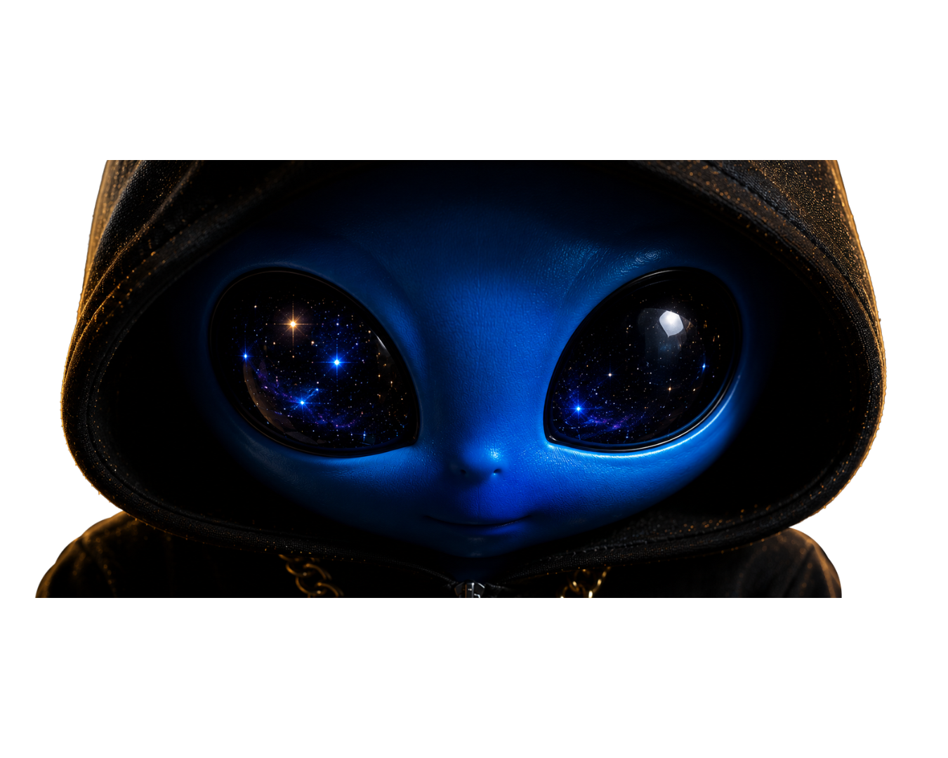 An alien with large black eyes reflecting stars and galaxies, wearing a dark hooded garment with gold details.