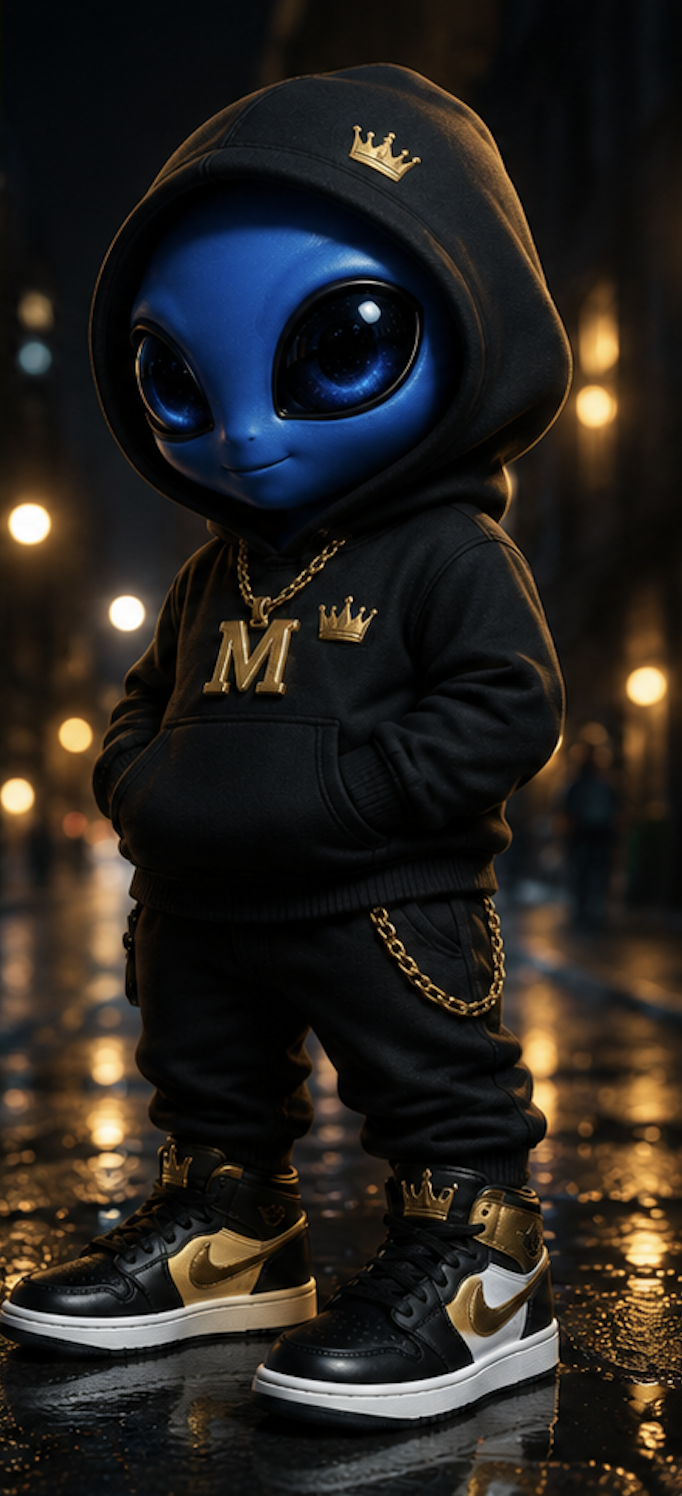 A humanoid alien wearing a black hoodie with gold crown and letter 'M' patches, black pants with a gold chain, and black and gold Nike sneakers, standing on a wet street at night with streetlights in the background.