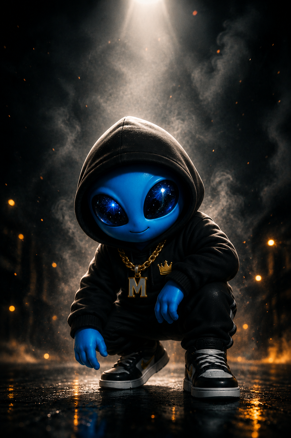 An alien humanoid figure with blue skin and large, starry eyes dressed in urban clothing, including a black hoodie, black pants, and sneakers. The figure wears a gold chain with a large letter 'M' pendant and a small crown pin. The background features dramatic smoky lighting and sparks, creating a cool, street-style atmosphere.